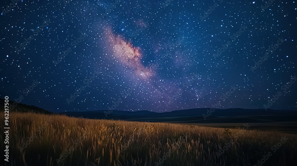 Fototapeta premium The night sky glimmers with stars and the Milky Way radiant above a field of tall grass and rolling hills