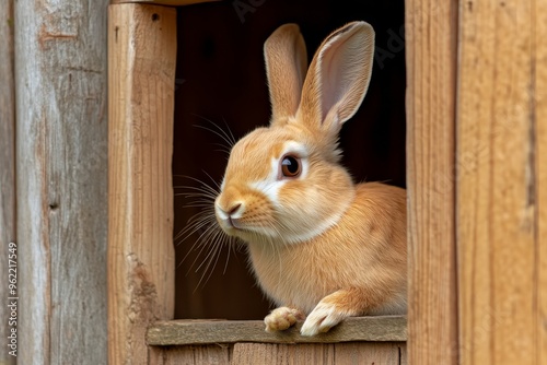 A cute bunny rabbit with brown fur and white markings peeks out of its wooden hutch. It is looking to the left, with a curious expression on its face, symbolizing curiosity, domesticity, pet ownership