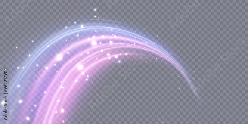 Light effect of high speed movement of light speed along a curved trajectory of bright blue-violet flickers. Dynamic movement of high speed light energy. Vector