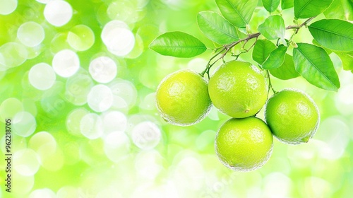   A group of limes dangling from a tree with green leaves, appearing to sway and jiggle as if they're singing bok bok bok bok bok