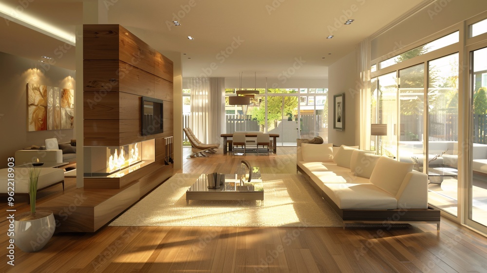 Modern Open Plan Living Room with Fireplace and Patio Doors Modern Open Plan Living Room with Fireplace and Patio Doors