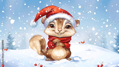 Adorable chipmunk in a Santa hat and red sweater, sitting in a snowy winter landscape