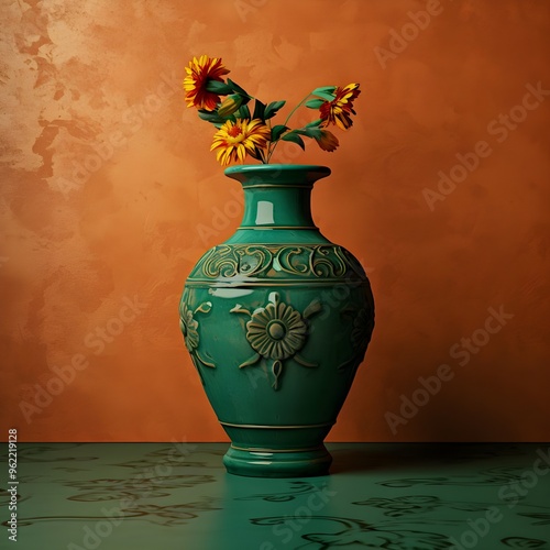 PAINTING OF A GREEN BAROQUE VASE photo