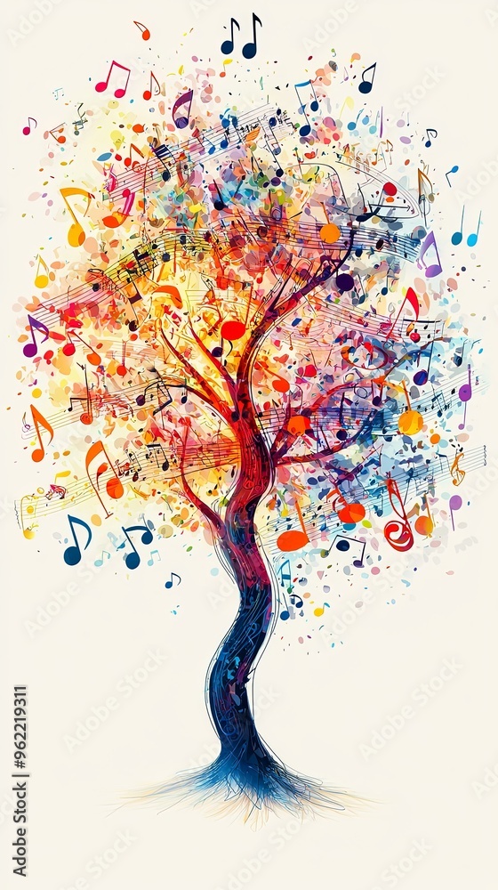 A vibrant tree made entirely of colorful musical notes, symbolizing the harmony between nature and music in an abstract and artistic representation. A vibrant tree made entirely of colorful musical notes, symbolizing the harmony between nature and music in an abstract and artistic representation.