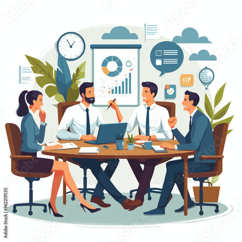 Partners meeting for business discussion with documents and laptop on desk. Couple at round table, speaking, discussing work, partnership. Flat vector illustration isolated on white background