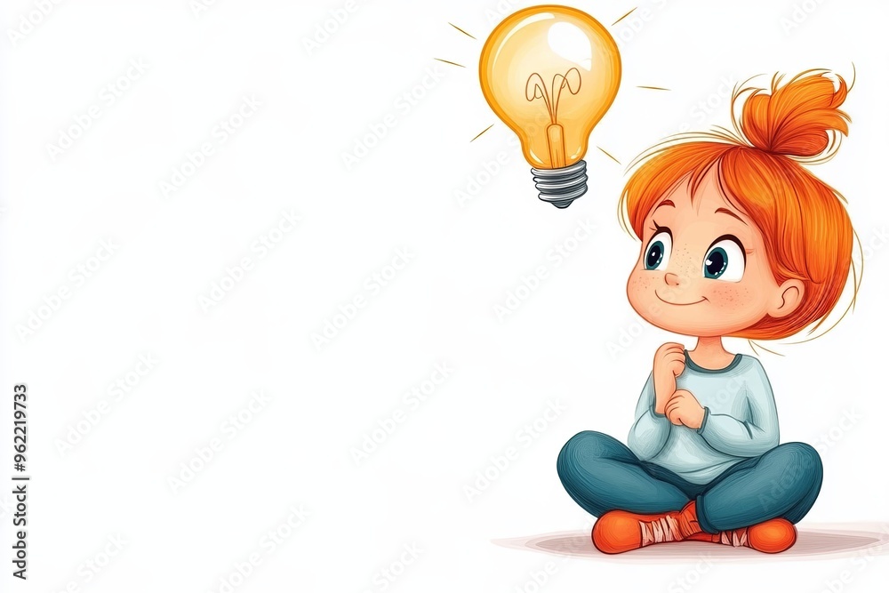 Adorable cartoon-style child with red hair, sitting cross-legged and looking up at a glowing lightbulb Adorable cartoon-style child with red hair, sitting cross-legged and looking up at a glowing lightbulb