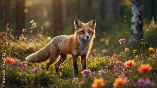 Playful fox among colorful flowers in a sunlit forest clearing.