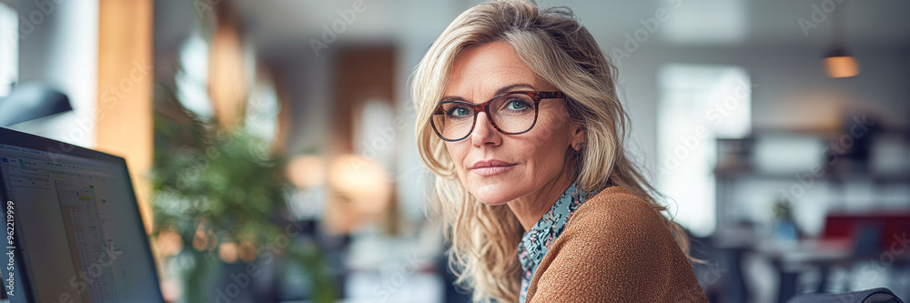 A woman wearing glasses is sitting in front of a computer monitor A woman wearing glasses is sitting in front of a computer monitor