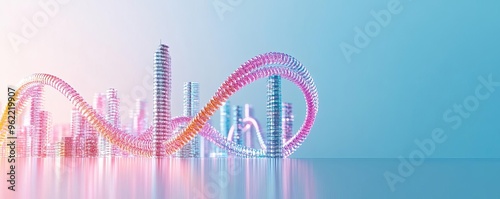 Conceptual image of a cityscape made of DNA strands, genetics in urban life, bio-integration of technology