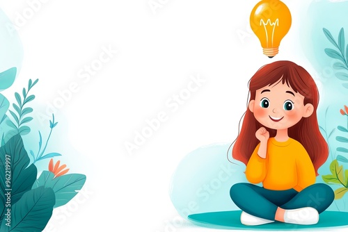 A charming cartoon-style child sitting cross-legged, thinking deeply with a lightbulb above their head