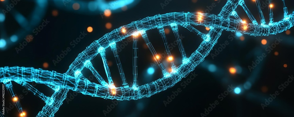 Digital rendering of a DNA double helix with glowing nodes, genomics research, biotechnology innovation Digital rendering of a DNA double helix with glowing nodes, genomics research, biotechnology innovation