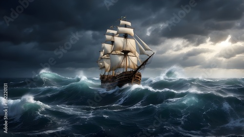 Sailboat atop tall waves, Pirate ship in a stormy sea, and ship on the high seas In the eerie sea Ocean waves during a strong storm A vessel in the sea
 photo