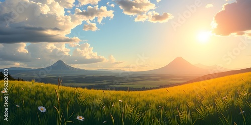 Sunlit Meadow with Volcanic Eruption in the Distance