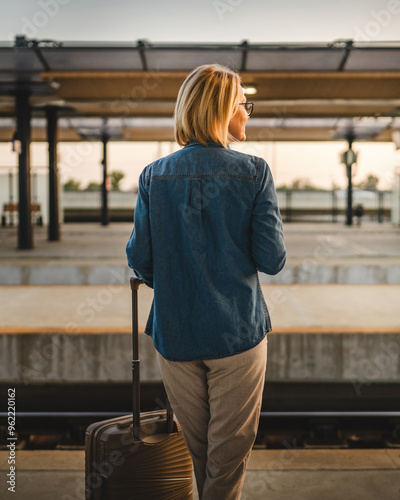 Mature woman wait for the train and hold cellphone and suitcase