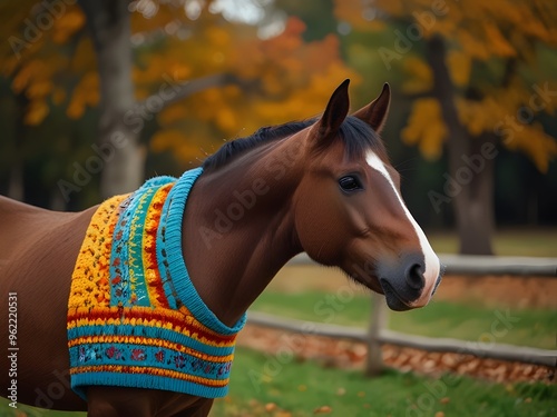 A Majestic Horse Wearing a Sweater in Autumn photo