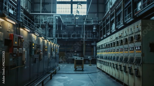 Industrial control room with rows of switches and gauges, showing the inner workings of a modern factory. photo