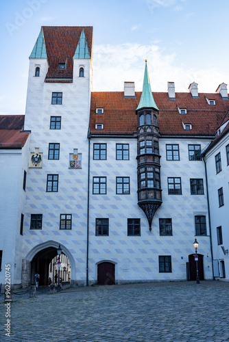 View of the Alter Hof (old court), the ducal city castle with gate tower and bay window from the 12th century in Munich's old town.  photo