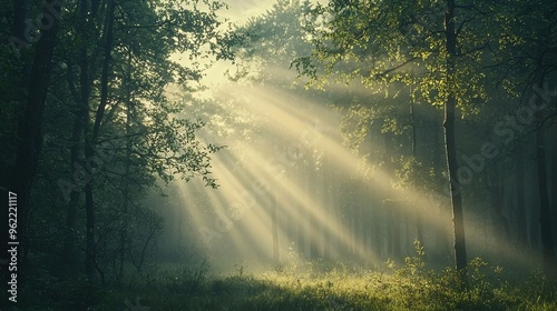   A lush forest filled with countless trees, bathed in sunlight filtering through the leaves