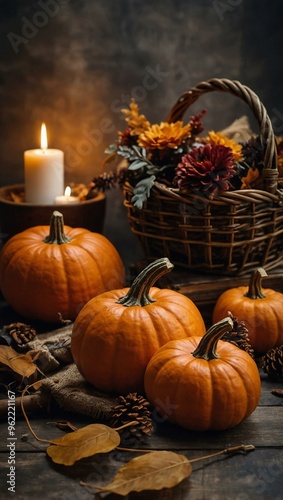 Pumpkins and fall decorations for Halloween and Thanksgiving, with space for text.