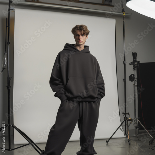 male model wearing a dark graphite oversized streetwear hoodie in a photo studio