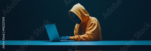 A person in a yellow hoodie sits in a dark room, their face obscured by the hood. They are using a laptop, their fingers typing on the keyboard. The image evokes a sense of secrecy, mystery, and possi photo