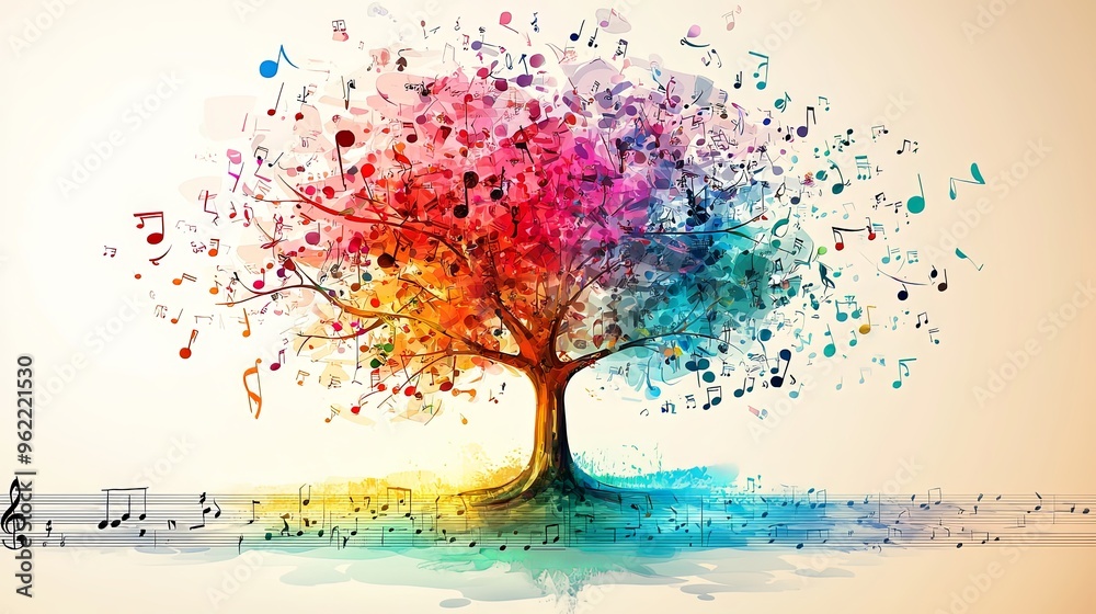A vibrant tree with multicolored leaves made out of musical notes on a white background, symbolizing the harmony and beauty of nature and music intertwined. A vibrant tree with multicolored leaves made out of musical notes on a white background, symbolizing the harmony and beauty of nature and music intertwined.
