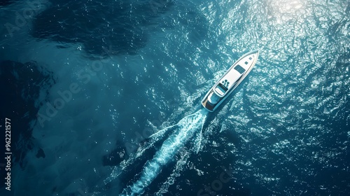 A top-down view of a luxury speedboat on the sea with sparkling blue water and sunlight. 