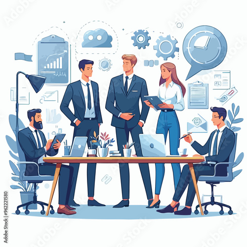 Partners meeting for business discussion with documents and laptop on desk. Couple at round table, speaking, discussing work, partnership. Flat vector illustration isolated on white background