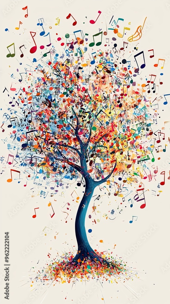 A dynamic artistic representation of a tree filled with vibrant musical notes and symbols, this abstract painting evokes a sense of harmony and rhythmic beauty. A dynamic artistic representation of a tree filled with vibrant musical notes and symbols, this abstract painting evokes a sense of harmony and rhythmic beauty.