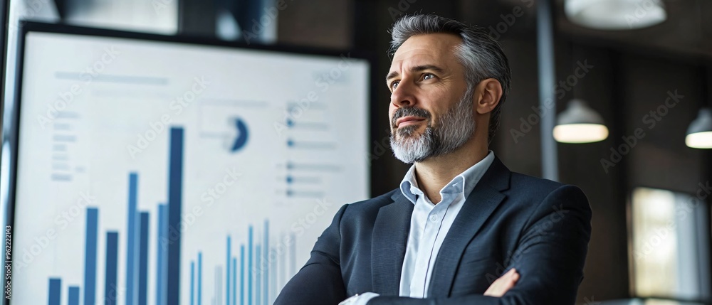 custom made wallpaper toronto digitalVisionary CEO Leading High-Stakes Board Meeting with Financial Bar Chart Projection in Corporate Setting background