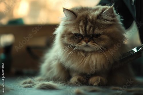 Pet groomer carefully brushing a Persian cat with copyspace, fur scattered on the floor. Warm, ambient light. Elegant, modern grooming studio background. photo