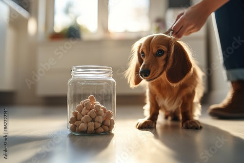 Pet groomer clipping a dachshund's nails with copyspace, treats in a jar nearby. Gentle, overhead light. Minimalistic pet grooming setup background. photo