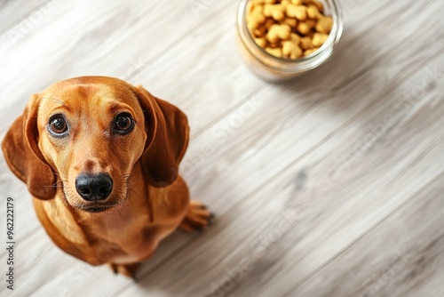 Pet groomer clipping a dachshund's nails with copyspace, treats in a jar nearby. Gentle, overhead light. Minimalistic pet grooming setup background. photo