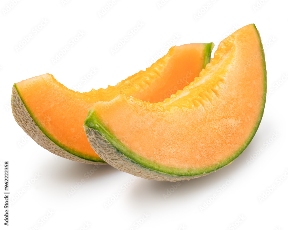 Two cantaloupe melon slices isolated on white background. File contains clipping path. Two cantaloupe melon slices isolated on white background. File contains clipping path.