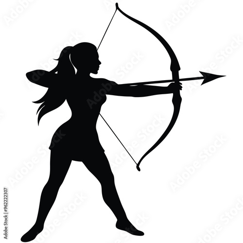 a female archer fighter in action pose, vividly capturing her holding a bow and arrow ready to strike, against an isolated white background 