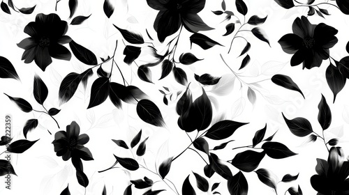 Fototapeta Naklejka Na Ścianę i Meble -  A seamless pattern featuring black and white brushstrokes of flowers and leaves. It symbolizes nature, elegance, simplicity, beauty, and artistry.