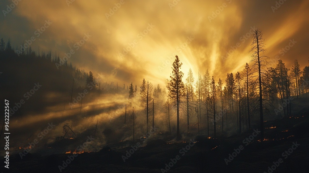 Fototapeta premium A dense forest surrounded by towering trees beneath a gloomy sky
