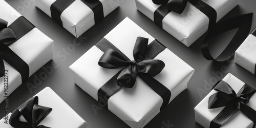 A modern background with monochrome white gift boxes and black ribbons, creating a clean, elegant aesthetic.