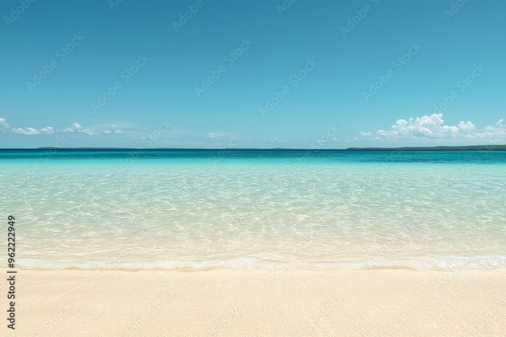 A serene tropical beach scene with pristine white sand and crystal clear turquoise water. The sky is a vibrant blue with a few fluffy clouds, creating a sense of peace and relaxation. A serene tropical beach scene with pristine white sand and crystal clear turquoise water. The sky is a vibrant blue with a few fluffy clouds, creating a sense of peace and relaxation.