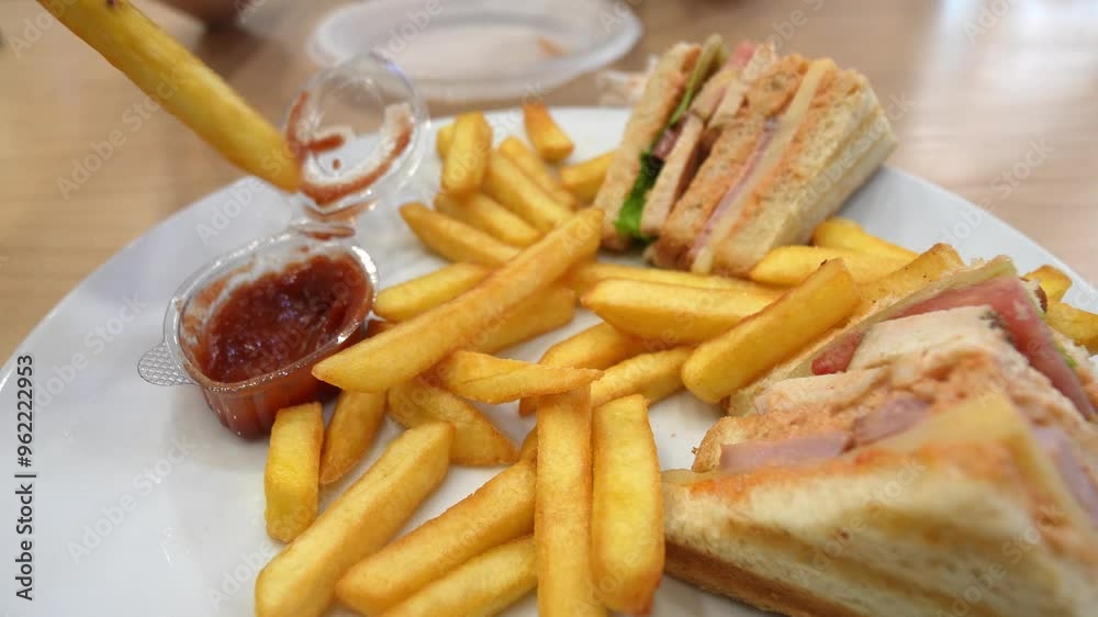 Customer dipping french fry into ketchup while seated at restaurant table. Plate holds club sandwich alongside crispy french fries, creating tempting meal