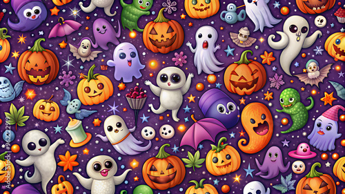 Halloween modern ghost cartoon seamless pattern. Colorful October holiday spirit character background. Scary autumn party wallpaper texture of funny ghost pattern 