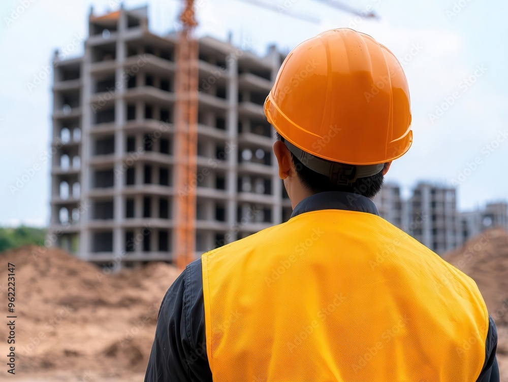 Engineer in uniform and helmet checking site infrastructure, tall cranes and building shells visible, engineer site inspection, infrastructure check Engineer in uniform and helmet checking site infrastructure, tall cranes and building shells visible, engineer site inspection, infrastructure check