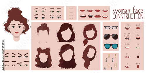 Female face constructor, avatar of woman character creation hairstyle, nose, eyes with eyebrows and lips. Cartoon set suitable for animation and lip sync speaking.	