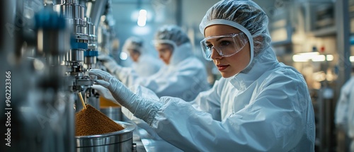 Fototapeta Naklejka Na Ścianę i Meble -  Precision Spice Blending Workers in Protective Gear Mixing Fresh Spices in Industrial Machinery