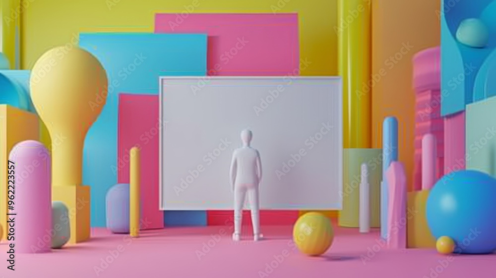 A minimalist 3D rendering featuring a simple white figure standing in a colorful, geometric abstract environment. The clean design and vibrant colors make this image perfect for modern, conceptual art A minimalist 3D rendering featuring a simple white figure standing in a colorful, geometric abstract environment. The clean design and vibrant colors make this image perfect for modern, conceptual art