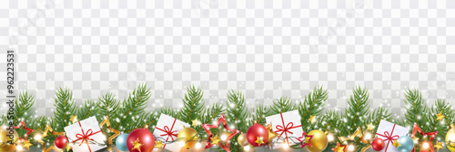 Border with green fir branches, gift boxes, stars, lights isolated on transparent background. Pine, xmas evergreen plants banner. Vector Christmas tree garland