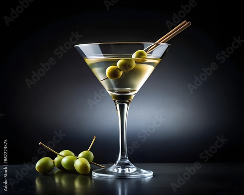 A Dirty Martini in a classic martini glass. The pale olive green liquid is slightly cloudy from olive brine. Garnished with green olives on a cocktail pick. Served chilled, near the rim of the glass photo