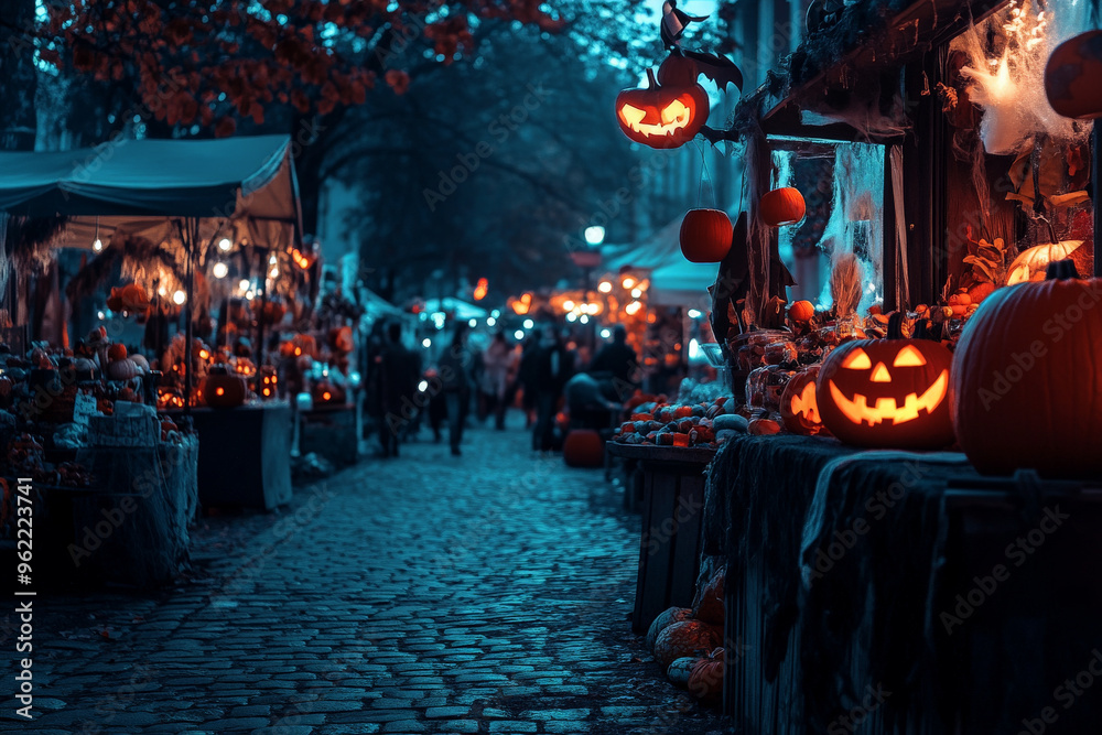 Obraz premium A spooky Halloween market with glowing pumpkins, candy, and witch-themed decorations on dark, cobblestone streets.