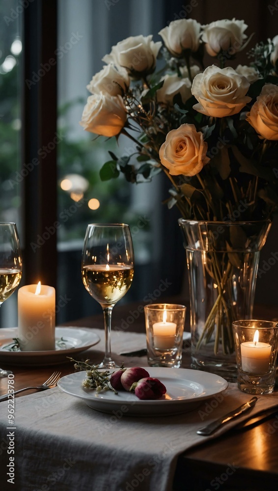 Romantic candlelit dinner setup with flowers and wine glasses in a peaceful setting. Romantic candlelit dinner setup with flowers and wine glasses in a peaceful setting.