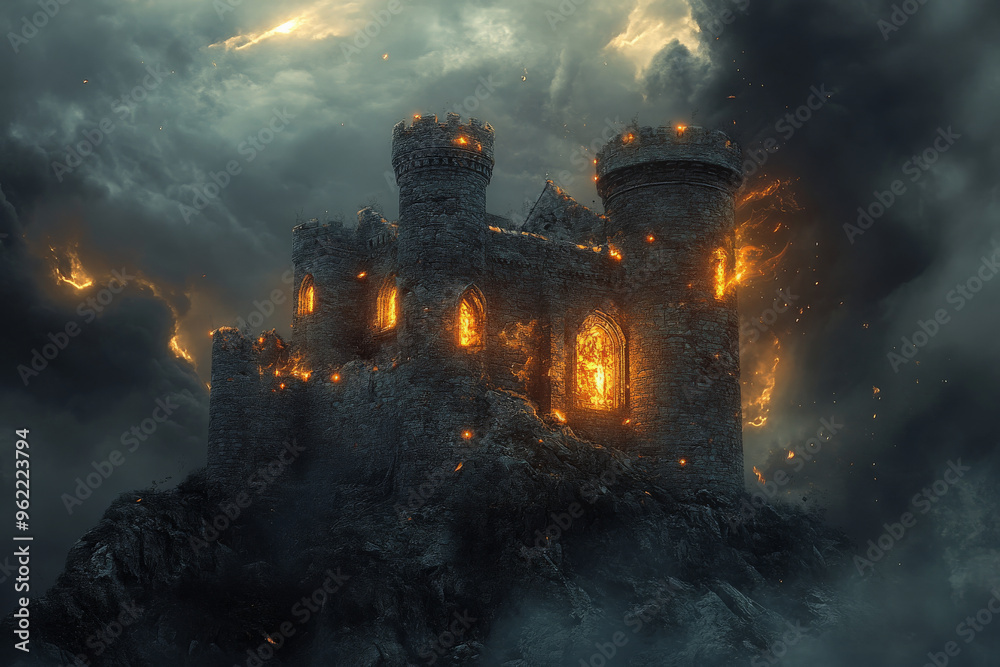Fototapeta premium A cursed castle with crumbling stone walls, eerie glowing lights inside, and dark storm clouds swirling overhead.